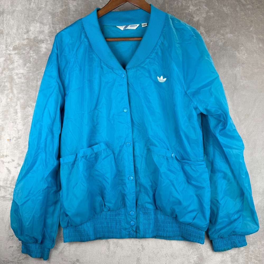 Adidas Women XL Blue Vintage Bomber Windbreaker Jacket Snap Front Trefoil Logo